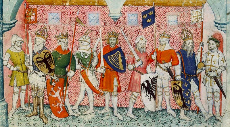 Nine medieval knights stand in a row. They each hold a shield and banner. The shields are or, a double-headed eagle sable; gules, a lion rampant argent bearing an axe gules with blade argent; argent, a dragon rampant vert; azure, a harp or; argent, a raven sable; per pale, dexter azure semé-de-lis, sinister or half a double-headed eagle sable.