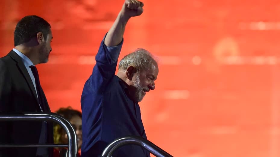 Luiz Inácio Lula Da Silva waves to supporters after being elected president of Brazil over incumbent Jair Bolsonaro by a thin margin in the runoff on Oct. 30, 2022 in Sao Paulo, Brazil.