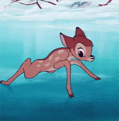 A gif of Bambi slipping on the ice