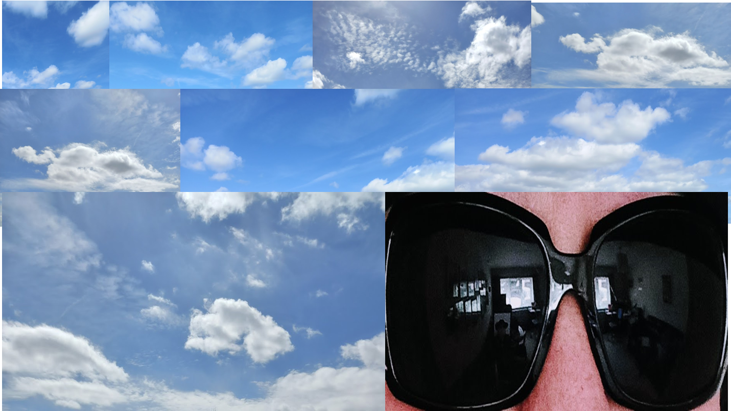 Several images of clouds blended together with a part of a face wearing sunglasses, showing reflections within them, used to illustrate post.