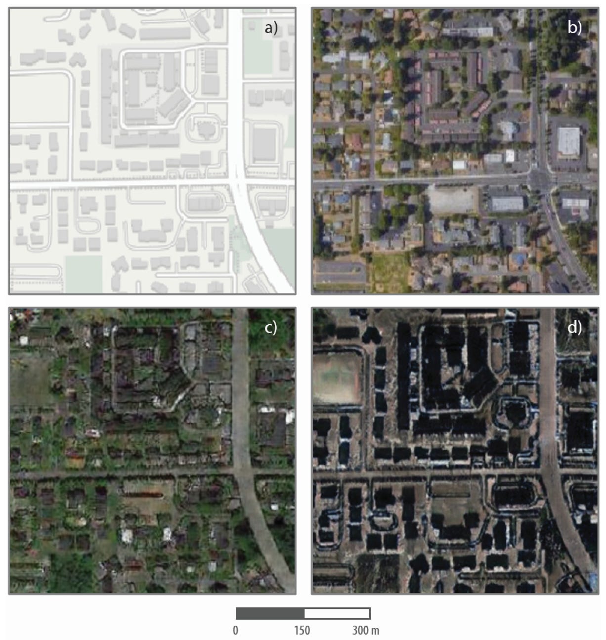 map illustration in top left; satellite photo of Tacoma top right; simulated photos of Tacoma using data from Seattle on the lower left and Beijing on the lower right