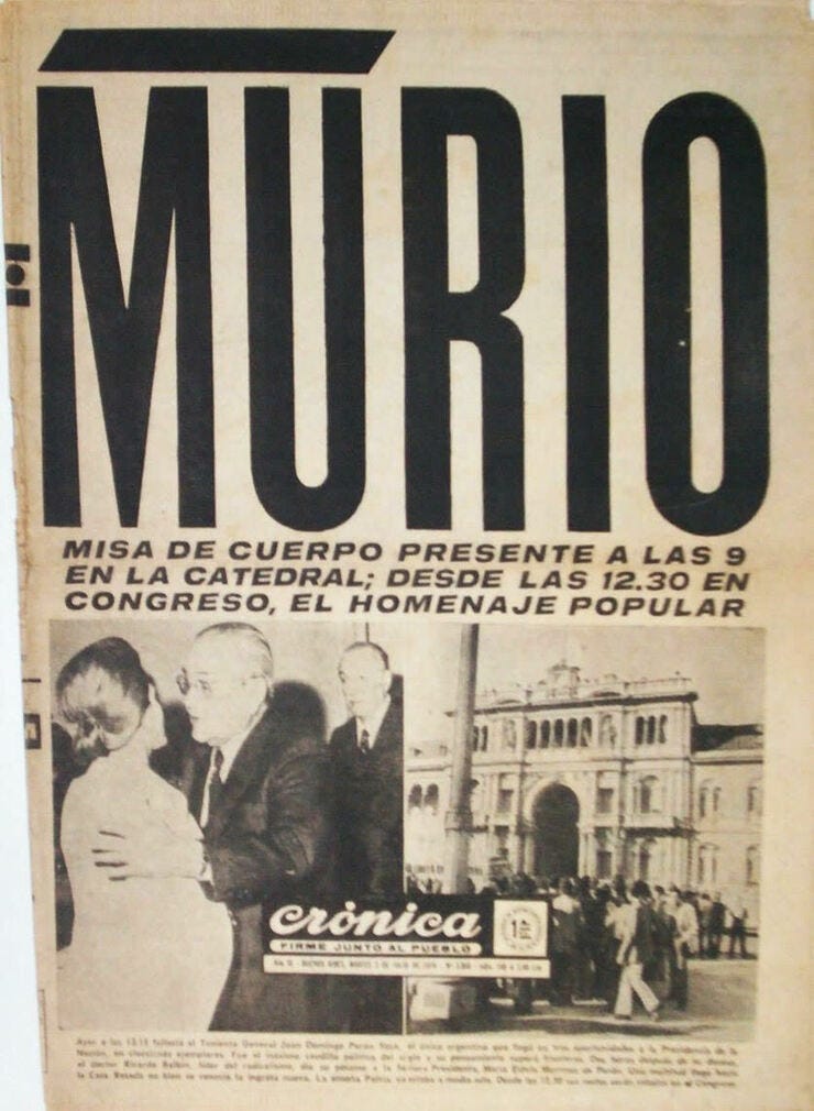 La construcción del mito en Perón. Tapa de Crónica en la fecha de su fallecimiento. 