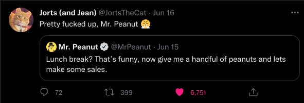 Jorts lectures Mr. Peanut on twitter. 