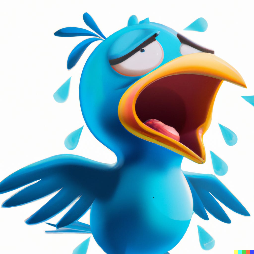 “a cartoon blue bird sweating and screaming, digital art” / DALL-E