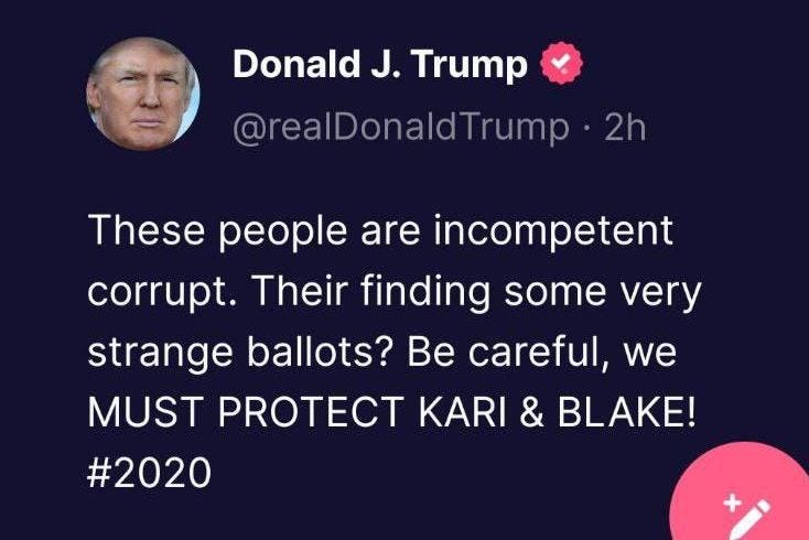 May be a Twitter screenshot of 1 person and text that says 'Donald J.Trump @realDonaldTrump 2h These people are incompetent corrupt. Their finding some very strange ballots? Be careful, we MUST PROTECT KARI & BLAKE! #2020'