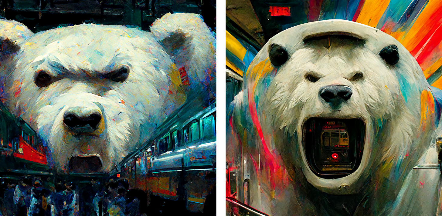 Two artificial intelligence art creations inspired by the prompt of an angry polar bear eating a subway train. In one, it's clearly an angry and rather terrifying polar bear. The other is a little more dreamy, as a polar bear appears to be inside a subway train, while opening its mouth to reveal a tunnel with a red light... a uvula? Or another train?