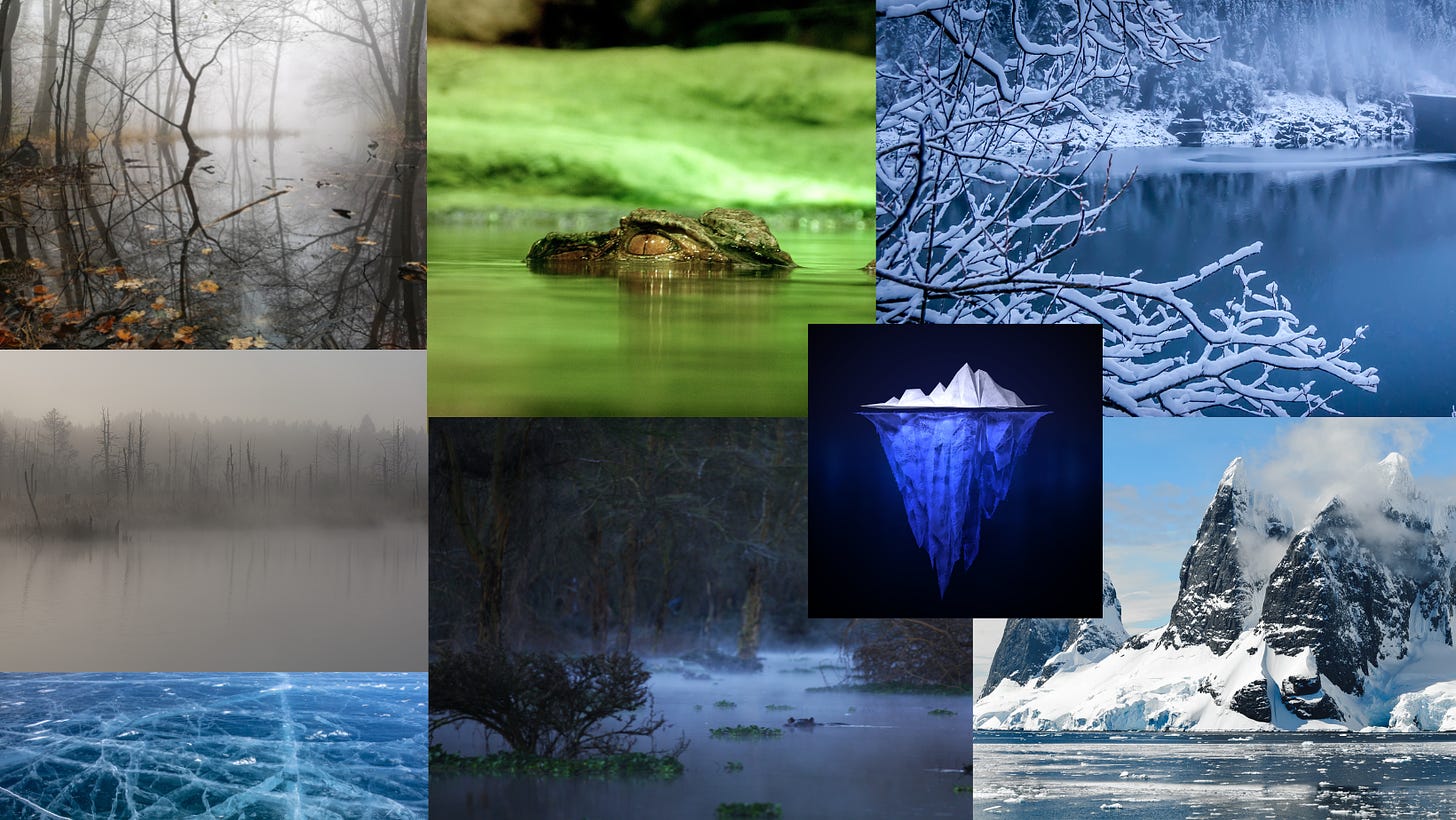 Scorpio moodboard - images of a crocodile in green water, ice, icebergs, and swamps