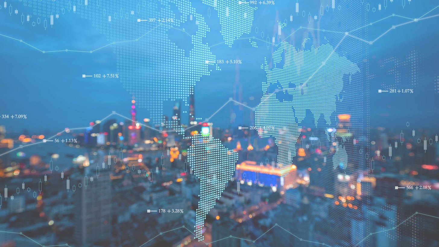 map with stock exchange in the foreground and blurred landscape of buildings in the background