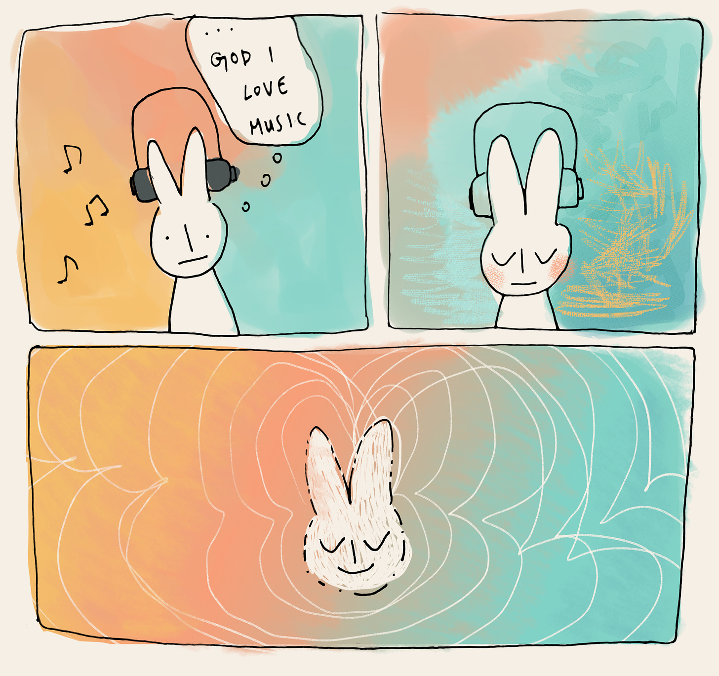 comic of a rabbit thinking ,god, i love music, and a bunch of colours around them
