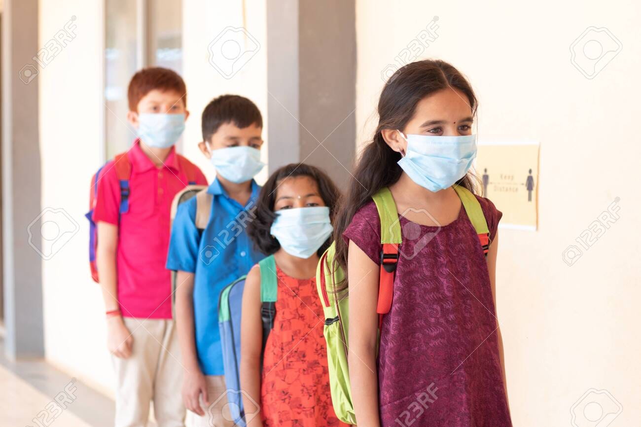 School Childrens Standing Line In Front Of Class While Maintaining Social  Distance Outside Classroom With Medical Mask Wearing - Concept Of Covid-19  Or Coronavirus Safety Measures At School Stock Photo, Picture And