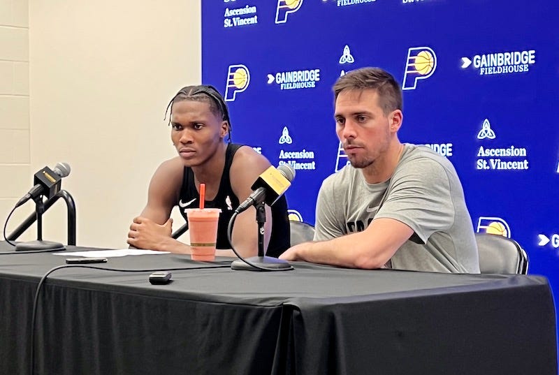 Pacers' T.J. McConnell spoke at the podium for the second time this season, and was joined by Bennedict Mathurin after beating Toronto.