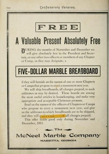 McNeel Marble Company ad offering free breadboards for referrals
