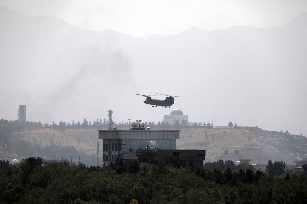 A US military helicopter flying over the US embassy in Kabul, Afghanistan on August 15, 2021 after the Taliban's takeover.