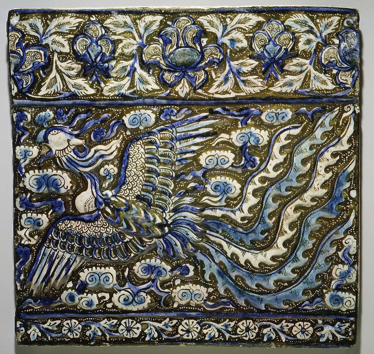 Tile with Image of Phoenix, Stonepaste; modeled, underglaze painted in blue and turquoise, luster-painted on opaque white ground 