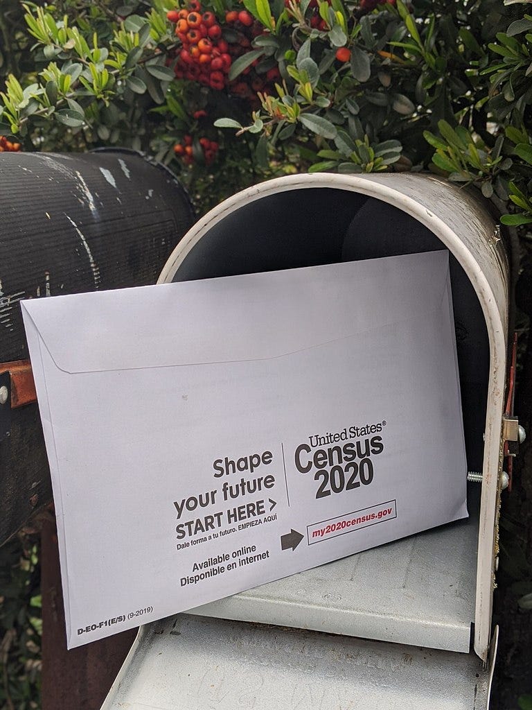 2020 U.S. Census envelope sitting in mailbox with shrub in background.