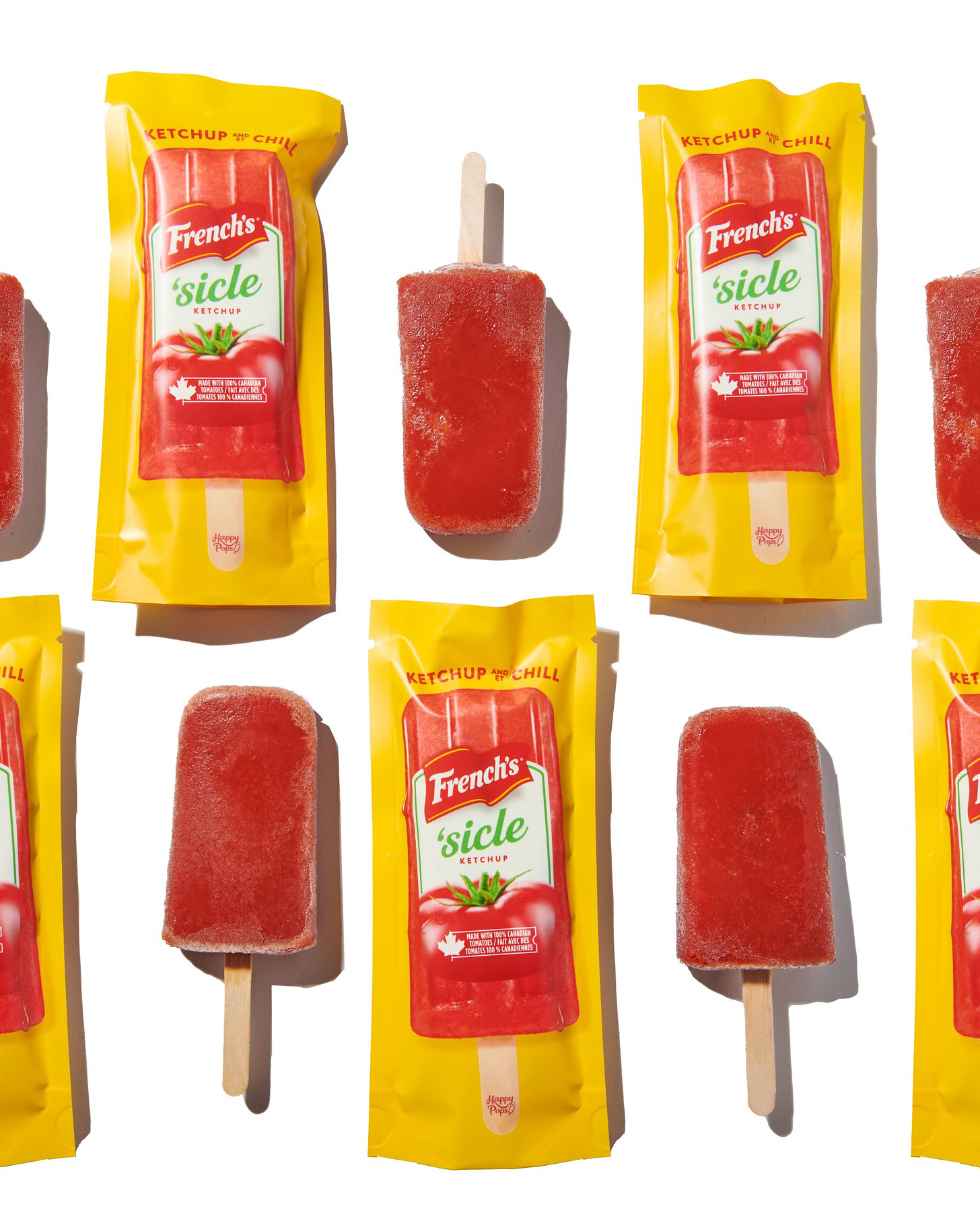 A commercial illustration of blood red popsicles along with packages of French's 'sicle popsicles in yellow bags