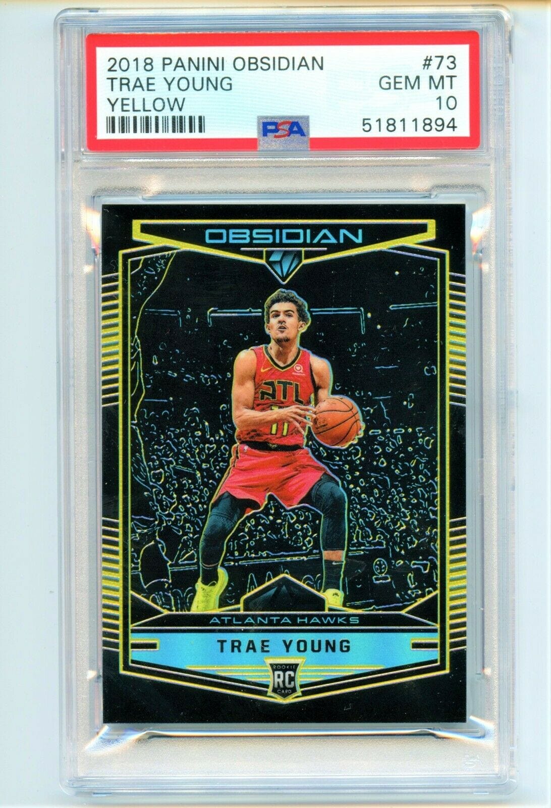 Image 1 - TRAE-YOUNG-RC-2018-19-PANINI-OBSIDIAN-YELLOW-PRIZM-ROOKIE-SP-10-PSA-10-GEM-MINT