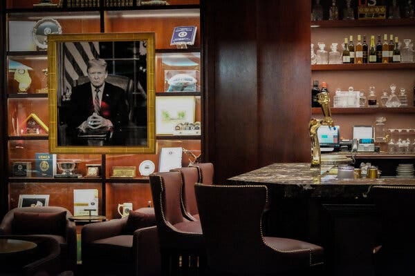 The new bar at Trump Tower, called 45 Wine and Whiskey Bar, which opened in late 2021 and features presidential paraphernalia along with Trump-brand wines.