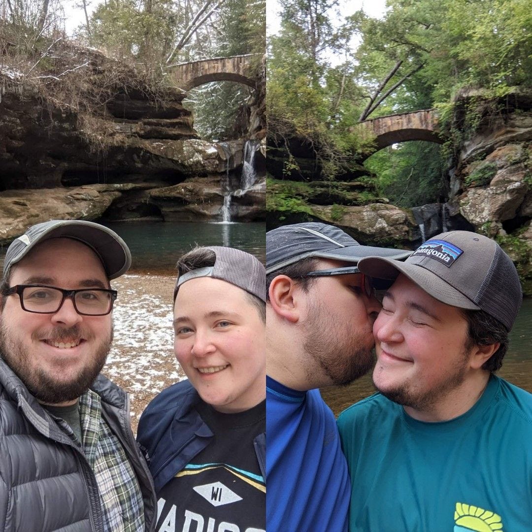 on the left, Matt and Grayson smile in an outdoorsy setting with a bridge in the background - on the right, Matt kisses Grayson in the same setting with the bridge visible