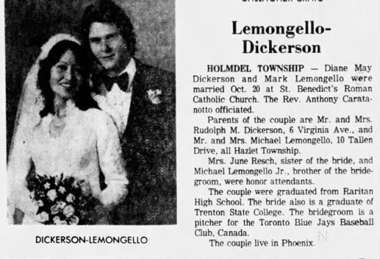 Wedding of Mark Lemongello to Diane Dickerson 20 Oct 1979 - 