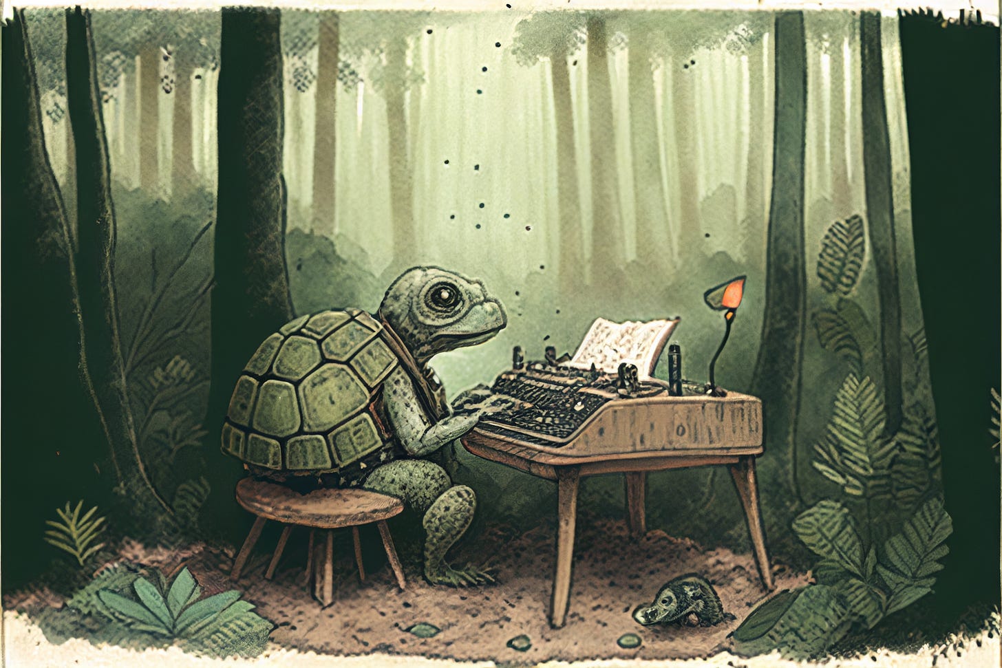 a turtle sitting at a desk typing on a typewriter in a woodland grove, no pen, no pencil,