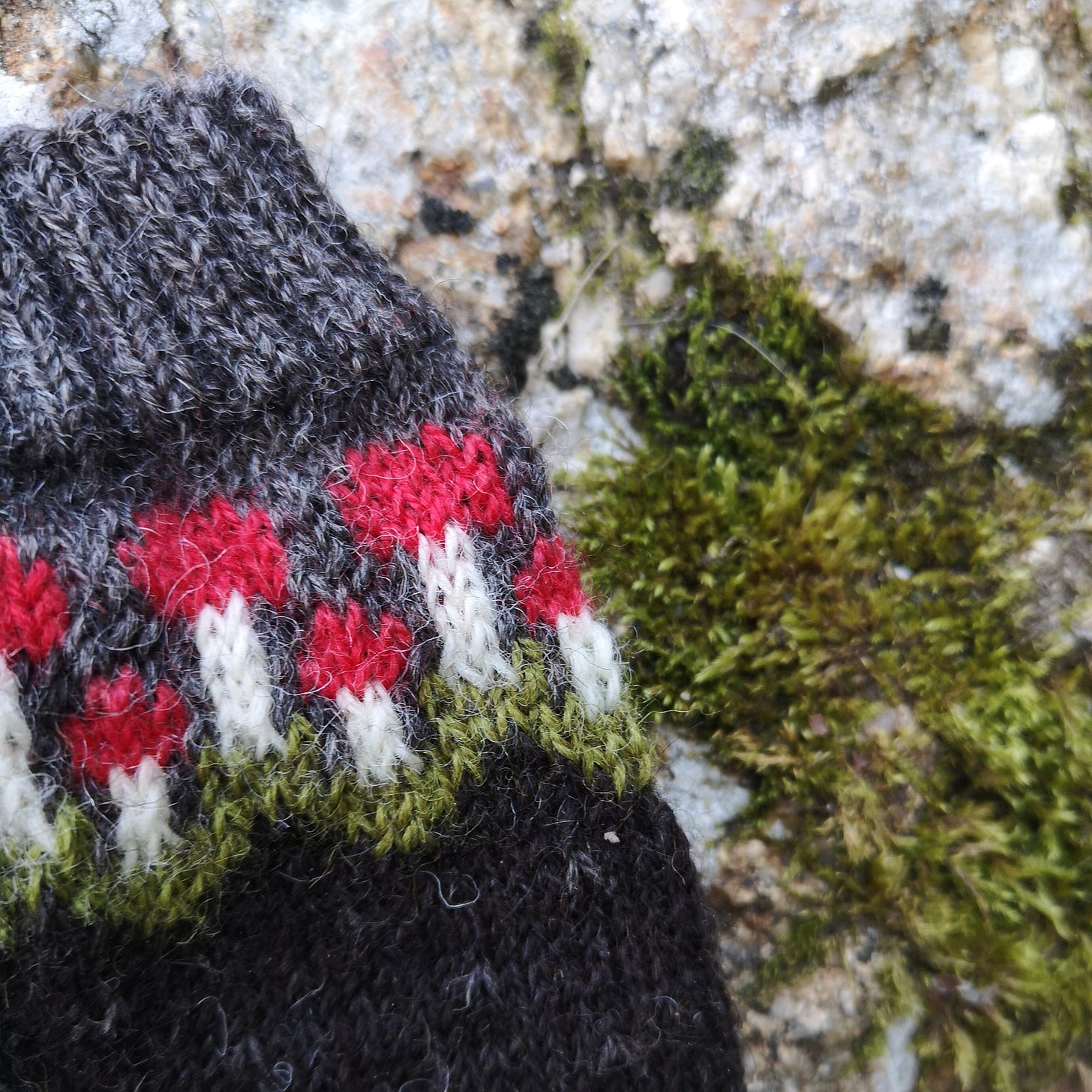 Image description: a close up photo of a knitted sock on a mossy rock. The top ten centimetres or so of the sock are shown, with a ribbed cuff in mid grey, some tiny colourwork red and white mushrooms, a zig zag of green and the a dark brown main sock.