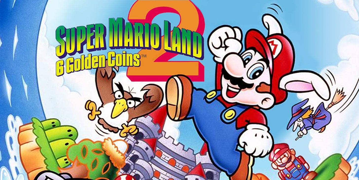 Promotional art for Super Mario Land 2: 6 Golden Coins, featuring a crop of the box art that includes various bosses, stages, and Mario in his rabbit ear getup.