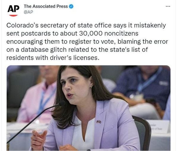 May be an image of 3 people and text that says 'AP @AP The Associated Press Colorado's secretary of state office says it mistakenly sent postcards to about 30,000 noncitizens encouraging them to register to vote, blaming the error on a database glitch related to the state's list of residents with driver's licenses.'