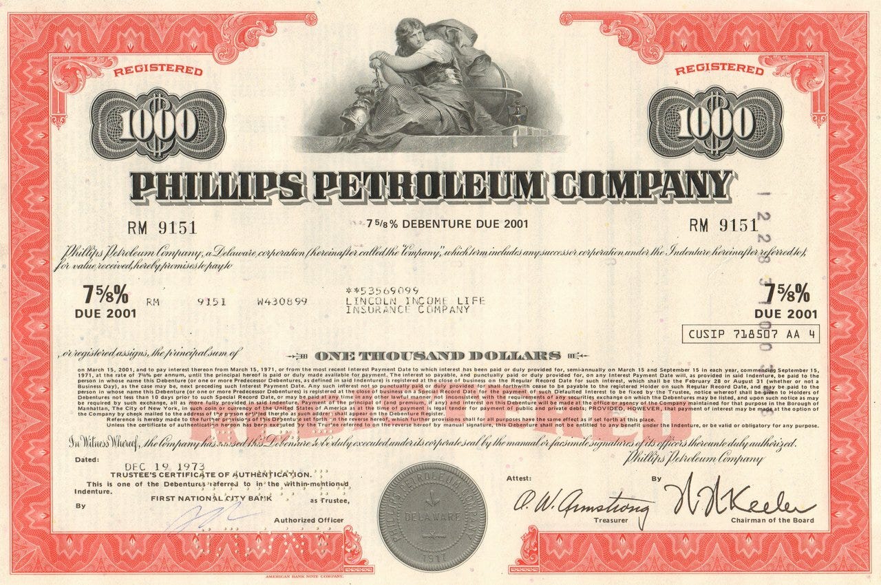 Phillips Petroleum Company bond certificate 1970's ...
