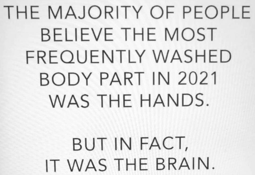 May be an image of text that says 'THE MAJORITY OF PEOPLE BELIEVE THE MOST FREQUENTLY WASHED BODY PART IN 2021 WAS THE HANDS. BUT IN FACT, IT WAS THE BRAIN.'