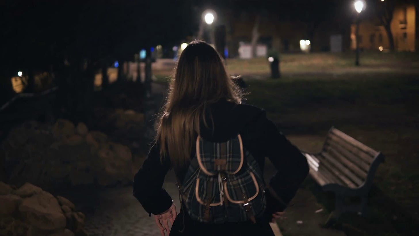 Back view of young stylish woman walking late at night through the dark  park. going in the evening alone. Stock Video Footage 00:21 SBV-317366610 -  Storyblocks