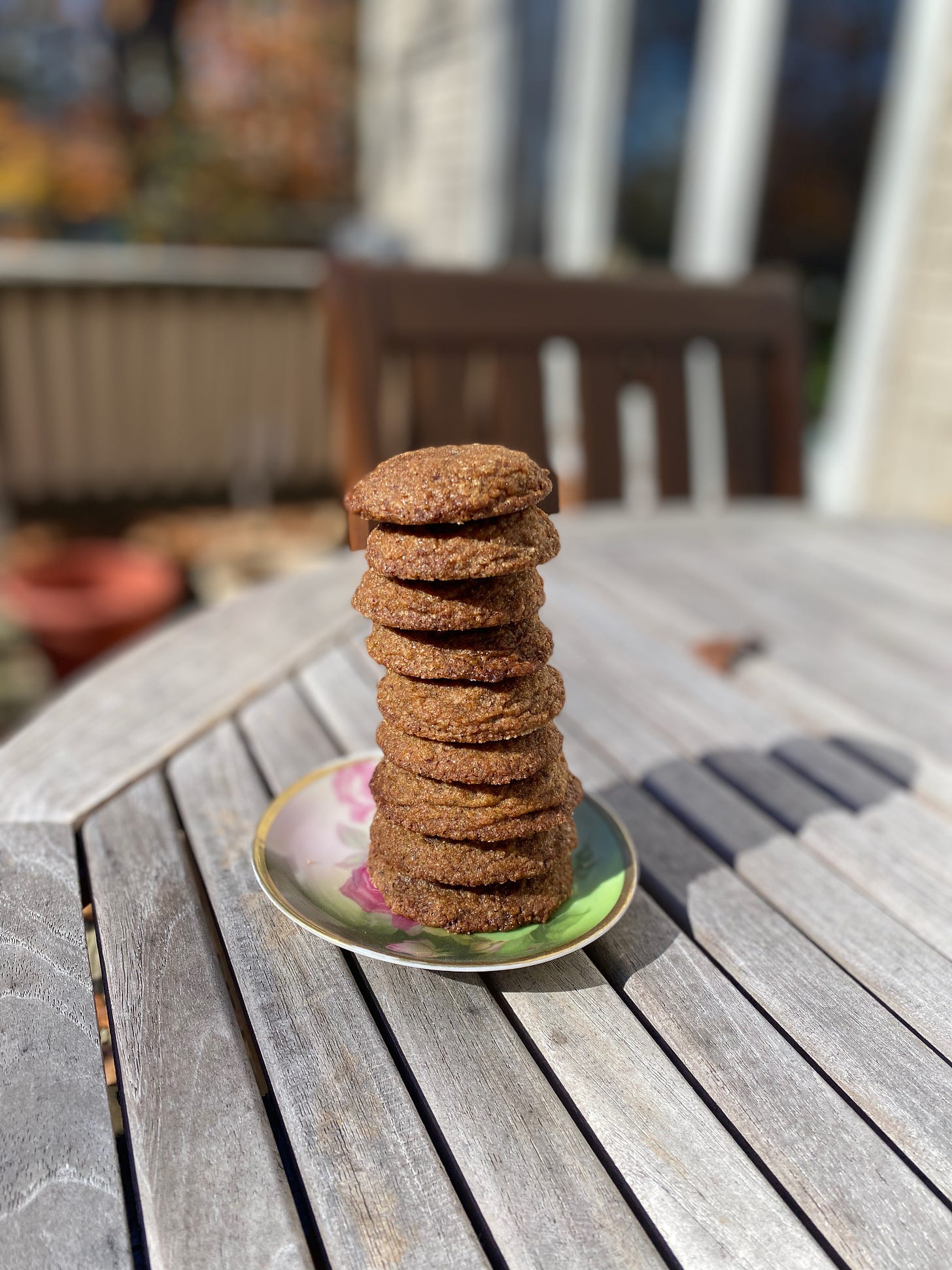 A tall stack of ten gingersnap cookies on a small hand-painted ceramic saucer sitting on a wooden porch table.