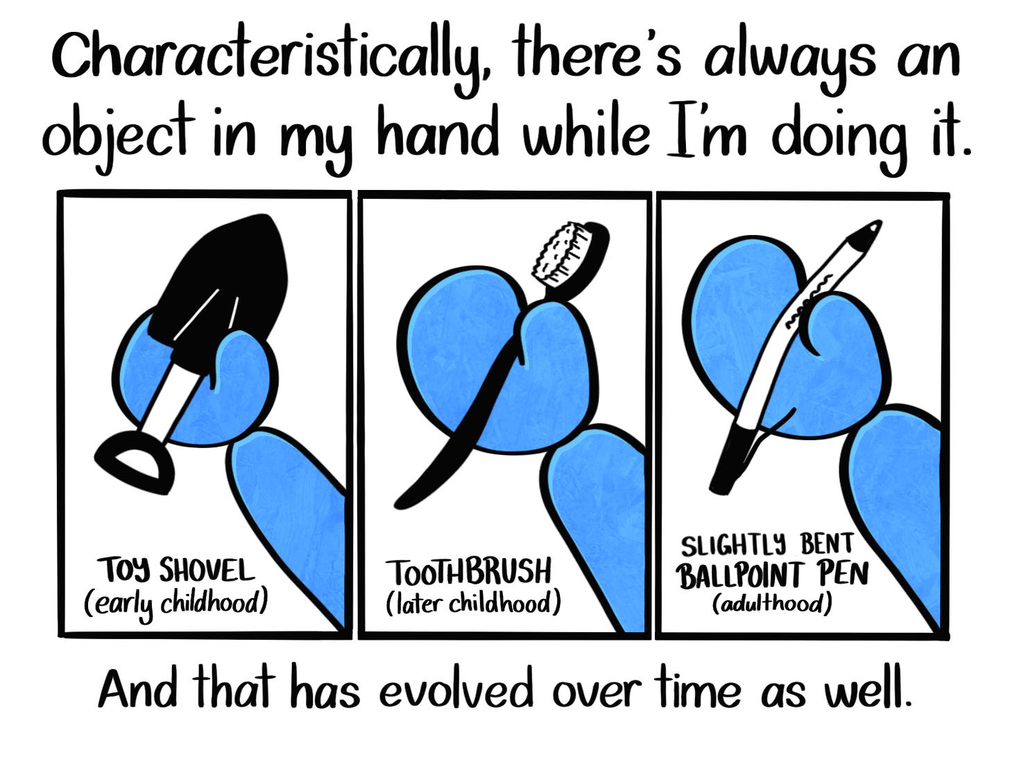 Caption: Characteristically, there has always been an object in my hand while I'm doing it. And that has evolved over time as well. Image: Three panels, each showing different objects in the Blue Person's hand. The first one shows a toy shovel, the second shows a toothbrush, and the third shows a slightly bent ballpoint pen.