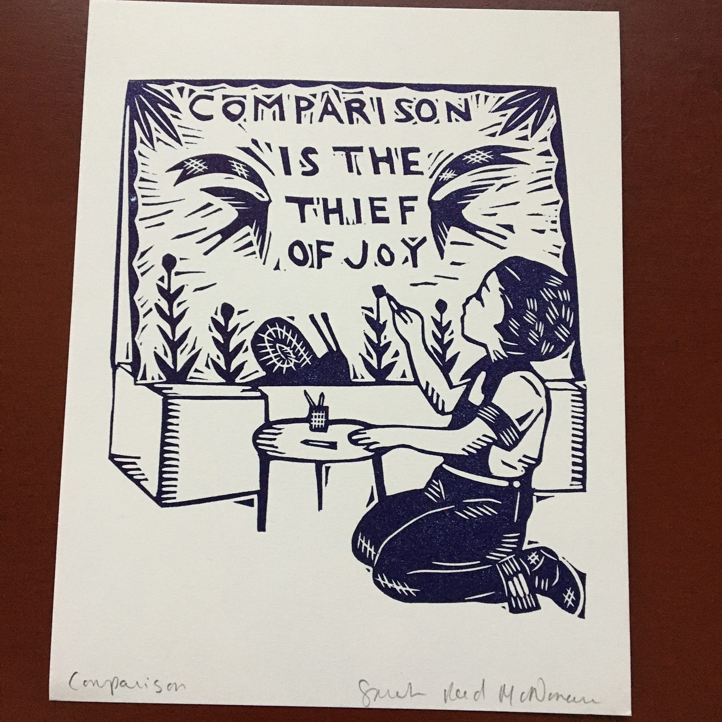 print of a child drawing a picture, with the quote, "Comparison is the thief of joy"