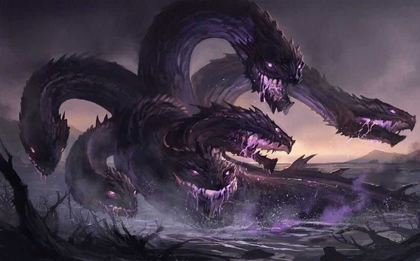 r/Greekgodx - The hydra (Greek Ὕδρα) is a multi-headed serpent-like monster of Greek mythology. If it loses a head, two new ones grow in its place, and the head in the middle was immortal. Even their breath is said to be fatal ( Like greeks)