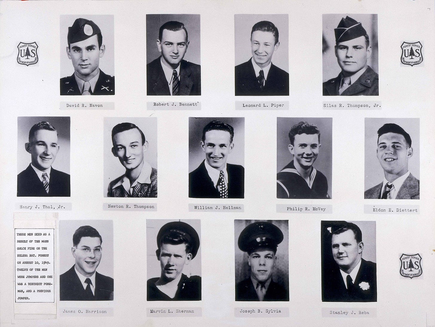 https://upload.wikimedia.org/wikipedia/commons/6/63/Mann_Gulch_Fire%2C_1949_US_Forest_Service_Smokejumpers_-_Memorial_photos%2C_13_victims.jpg