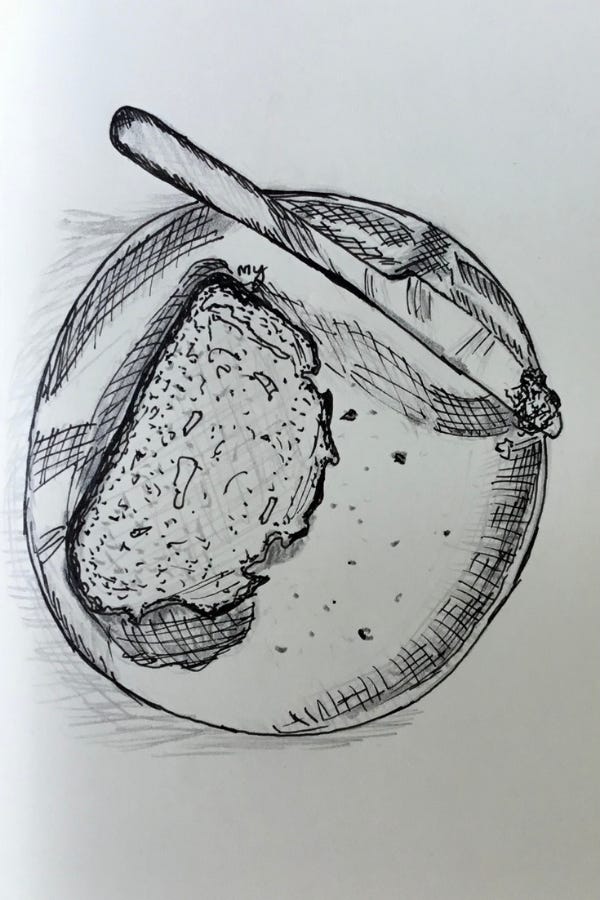 ink and pencil drawing of a piece of bread on a plate, and a butter knife
