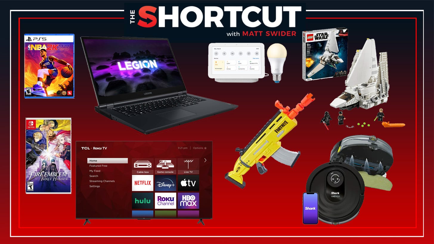 Games, laptops, nerf guns, Legos: many products on a red-to-black vertical gradient with the shortcut logo centered at top