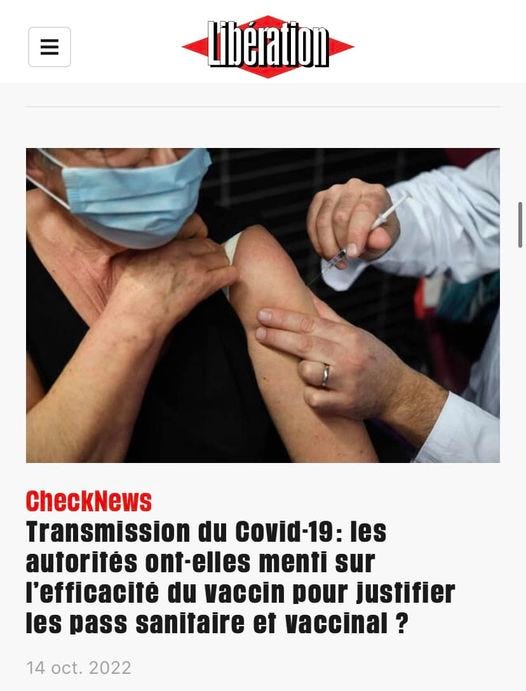 Peut être une image de 2 personnes et texte qui dit ’Liberation CheckNews Transmission du Covid-19: les autorités ont-elles menti sur l'efficacité du vaccin pour justifier les pass sanitaire et vaccinal? 14 oct. 2022’