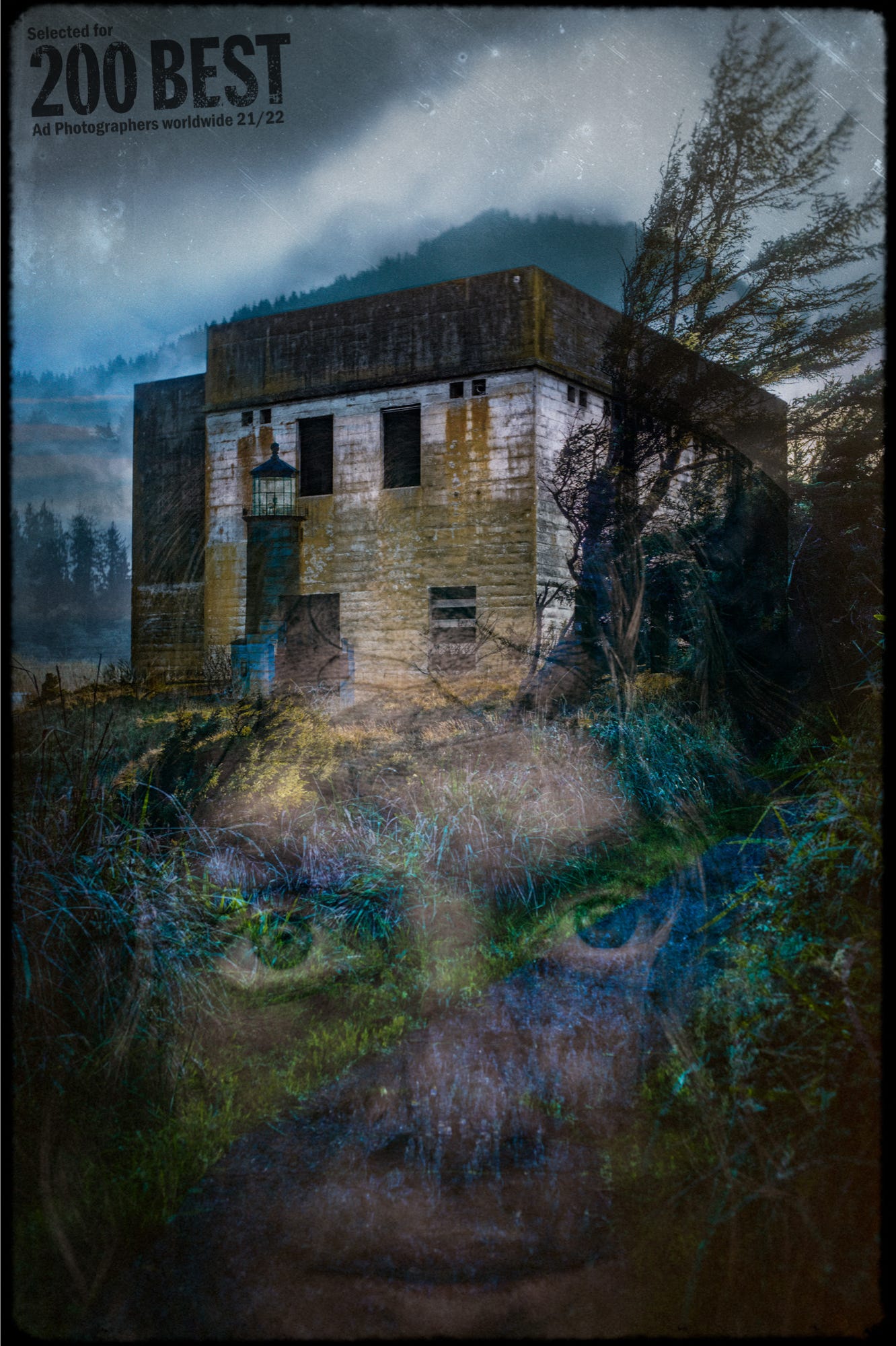 composite image white female trees and bunker building stormy day by andy batt