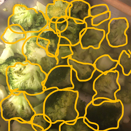 Rainbow Squared, Year 5, Piece Thirty-Nine: 23. Green Orange. An animated photo loop of a pan of broccoli and a pot of pumpkin soup on the stove, with digitally drawn lines in green and orange on top of it. 