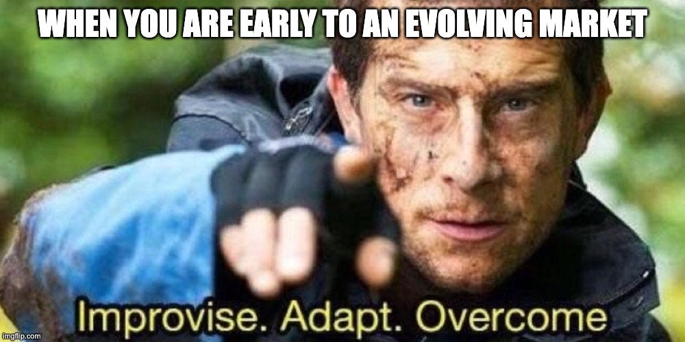 Improvise. Adapt. Overcome |  WHEN YOU ARE EARLY TO AN EVOLVING MARKET | image tagged in improvise adapt overcome | made w/ Imgflip meme maker