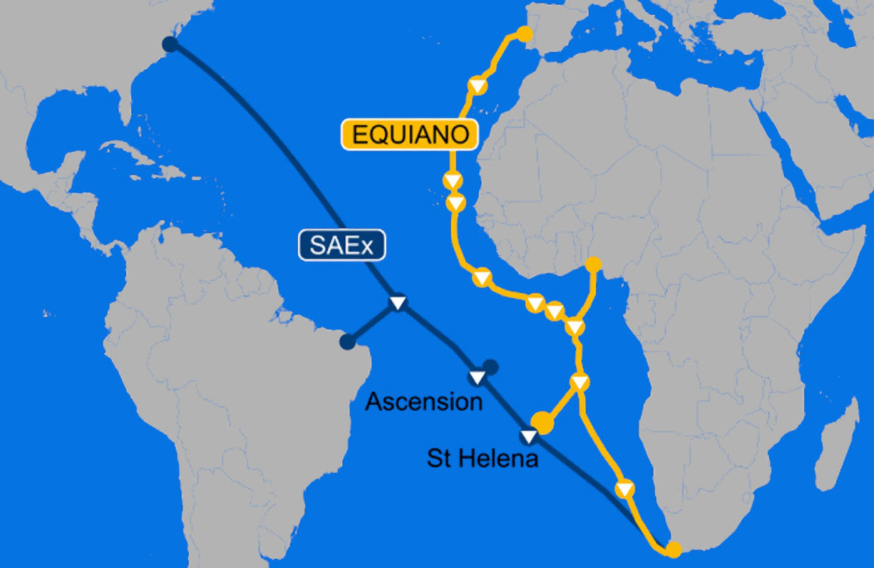 Map showing the planned Equiano cable route, including Saint Helena