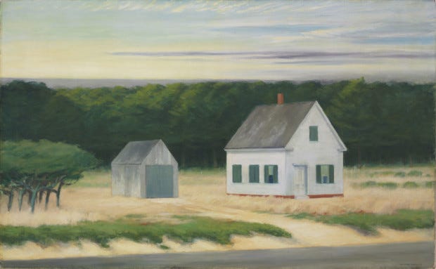 Impregnated by a profound silence and stillness, the painting presents a view of a small house and barn from across an empty road. The sky is hazy with gray and lilac tones intermingling. Below, a strip of pale, dry grass covers part of the canvas with pieces of green vegetation clawing in. The fresh white color of the house contrasts with the dull gray color of the barn. The roofs on both buildings are colored slate gray. To the right of the barn, a group of small, sturdy trees stands peacefully. A dense growth of trees covers the background. 