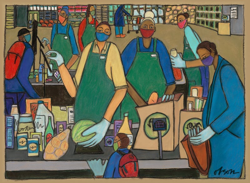 a pastel print work of art that shows cashiers in green aprons and masks at check out with a customer and a child