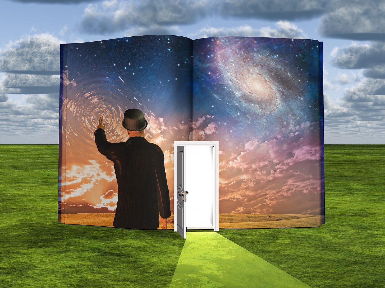 Book containing science fiction scene and open doorway of light