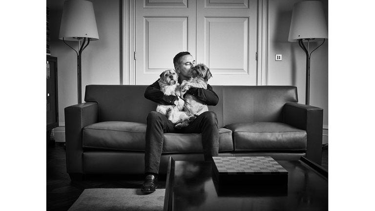ONE USE ONLY
David Walliams with Border terriers Bert and Ernie
 Celebrity portrait photographer Andy Gotts has created a series of stunning images of the UK&#39;s most famous faces - and their dogs. 
Must Credit: Andy Gotts / Guide Dogs