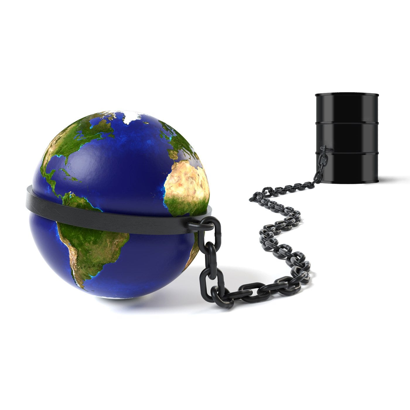 An Earth globe with a leg-shackle around the equator, chained to a barrel of oil.