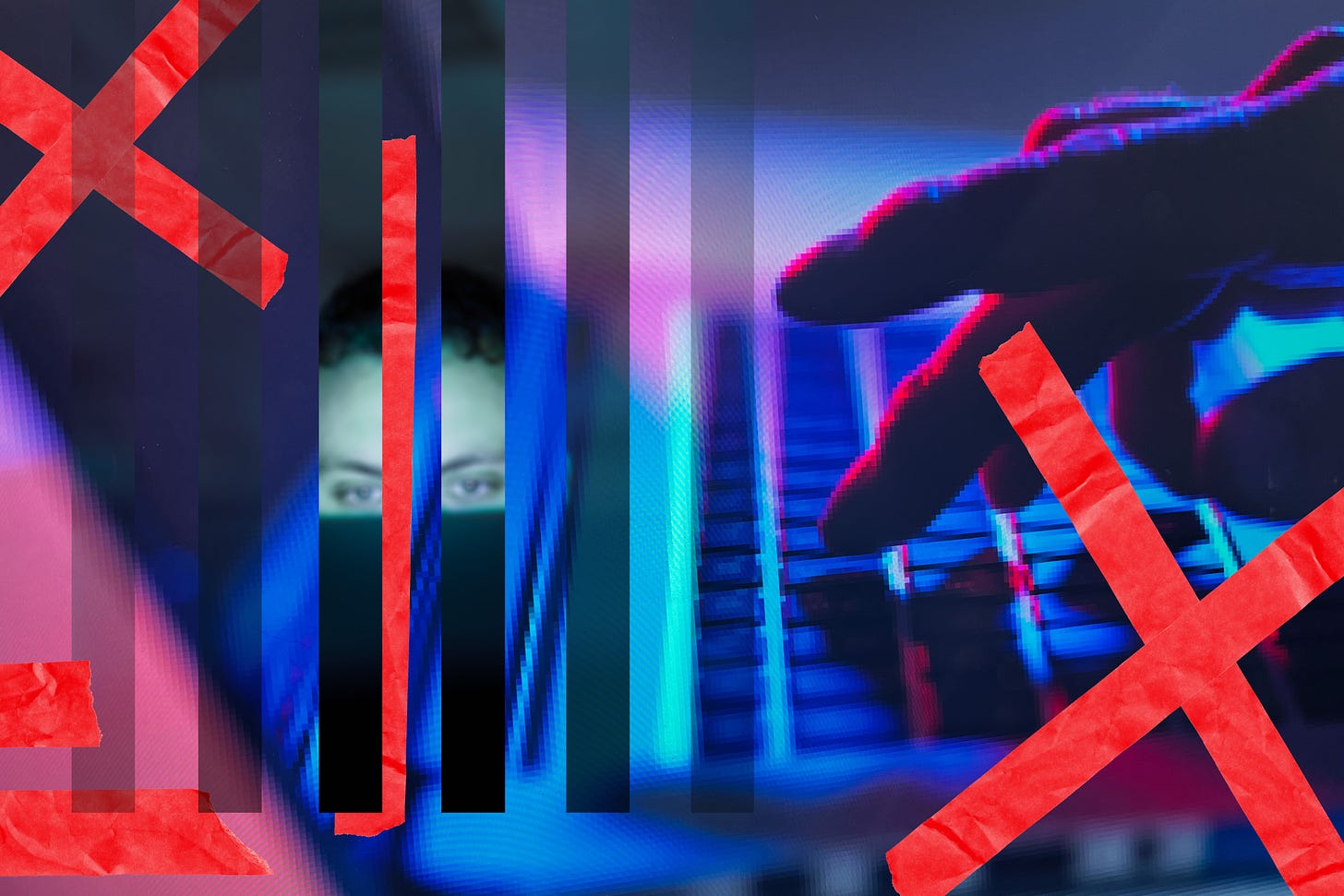 Photo illustration of a person typing on a keyboard surrounded by red Xs.(Kristen Radtke / The Verge)