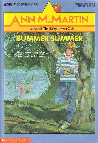 Cover of Ann M. Martin's debut novel, Bummer Summer, showing a 1980s kid leaning morosely against a tree